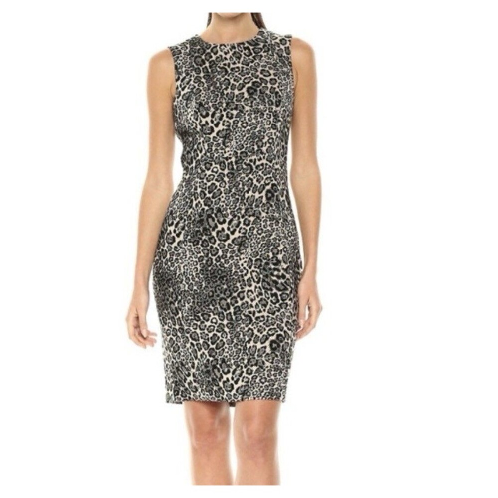 Calvin Klein Leopard Print Sleeveless Stretch Sheath Pencil Dress Office Sz 2